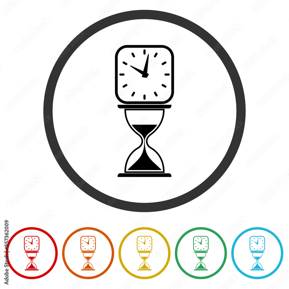 Poster sand clock and clock logo. set icons in color circle buttons