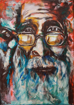 Portrait of a man with a beard. The face of an old grandfather in pop art style. Modern acrylic painting of Santa Claus