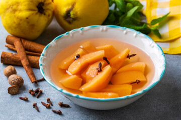 Quince compote. Compote or compote is a type of dessert prepared by boiling fruits with sugar water. Turkish name; ayva kompostosu