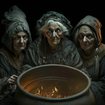 Three witches around a cauldron AI Generative	