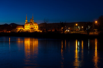 Fototapeta na wymiar Cathedral, Church, Velehrad, night, lake