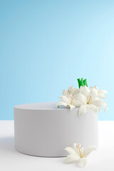 Stone podium with white lily flowers. 3d render