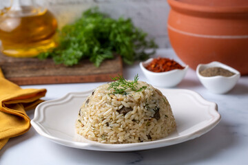 Traditional delicious Turkish food; rice pilaf with pine nuts and currants (Turkish name; ic pilav or pilaf)