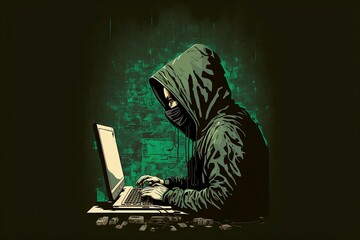 computer hacker wearing hoodie hacking laptop computer illustration