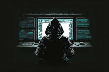 computer hacker wearing hoodie hacking computer illustration