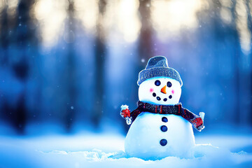 A Snowy Wood with a Cute Snowman Generative AI...