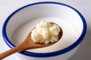 Kefir fermented milk drink with kefir grains. Homemade kefir stands in a glass, next to kefir...