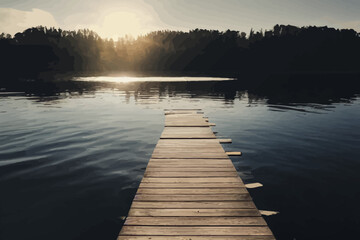  empty wooden jetty planks in front of a blurred water - obrazy, fototapety, plakaty