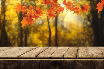 Naklejka na ściany i meble autumn background with golden maple tree branch over wooden table