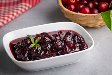 Jars with freshly homemade cherry jam, sour cherry jam, Turkish name; Visne receli