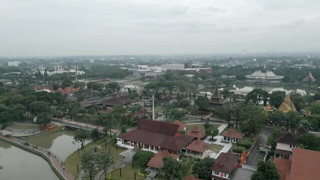 Jakarta, Indonesia - December 25, 2022: Aerial view of Beautiful Indonesia in Miniature Park as a National Landmark of Indonesia