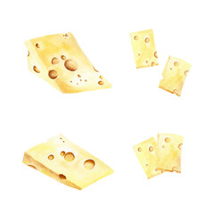 Set of yellow hard cheese slices and pieces with holes. Watercolor illustration isolated on white background