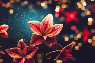 magic christmas background with bright stars and red flowers