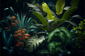 Fototapeta premium Amazon rainforest plants, tropical jungle, Generative ai