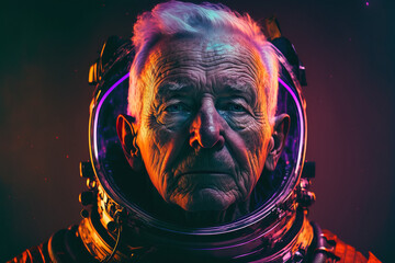 Cinematic portrait of an old astronaut in a spacesuit, illuminated by colorful neon light, Generative AI