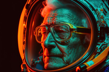 Cinematic portrait of an old astronaut in a spacesuit, illuminated by colorful neon light, Generative AI