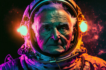 Cinematic portrait of an old astronaut in a spacesuit, illuminated by colorful neon light, Generative AI - obrazy, fototapety, plakaty