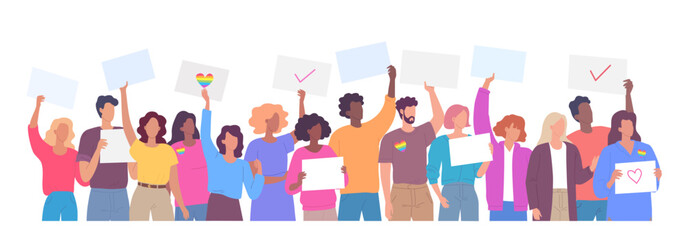 Crowd of people protest standing together and holding placards