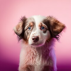 young dog in pink background. puppy portrait isolated. Generative AI