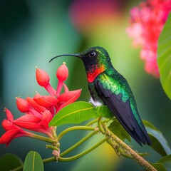 Fototapeta na wymiar A male Black-throated Mango hummingbird feeding on a red tubular flower with lush green foliage in the background. Generative AI