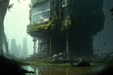 Futuristic Space Complex in a Swamp, Concept Art, Digital Illustration