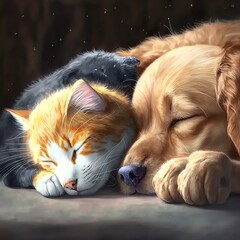 Cat and dog sleeping together. Kitten and puppy taking nap. Home pets. Animal care. Love and friendship. Domestic animals. Generative AI