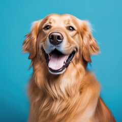 cute golden retriever dog smiling on blue background. Generative AI
