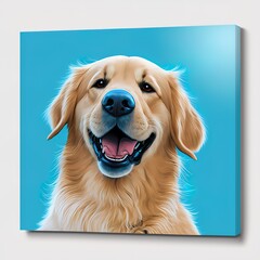 cute golden retriever dog smiling on blue background. Generative AI