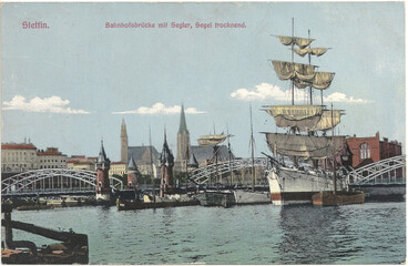 Stettin um 1910; Stadtpanorama mit Bahnhofsbrücke (original historische Ansichtskarte)
