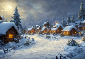 Winter town with mountains landscape. village with Snow in vintage style. Digital art