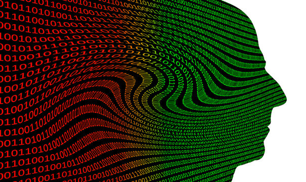 Binary code and head, conceptual illustration
