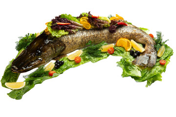 Cooked pike on lettuce. 
transparent