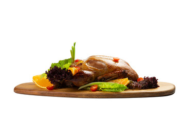 Cooked duck on a wooden board. transparent