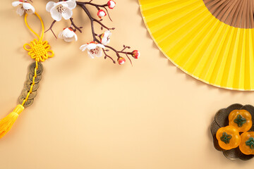 Chinese lunar new year background design concept with white plum flower and festive decoration.