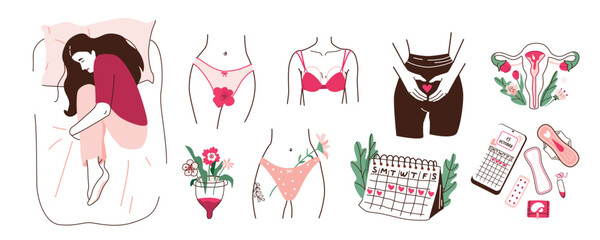 Feminine menstruation vector illustration set. Women during menstrual