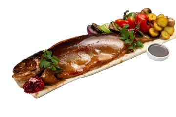 Cooked salmon on a wooden board. 
transparent