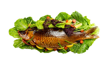 Cooked carp on lettuce leaves. 
transparent