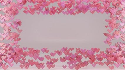 Pink Background with Various Hearts Shaped 3D Render, Valentine Day Concept Background, Heart confetti falling over pink background for greeting cards, wedding invitation