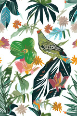 Colorful illustration of bird, flowers, leaves. Vector for wallpapers, fabrics, wrappers, postcards, greeting cards, wedding invitations, banners.