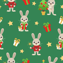 Christmas or New Year seamless pattern. Hare / rabbit decorates the Christmas tree, holds a gift and in a sweater with a deer holds a burning sparkler. Vector graphic.