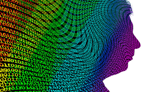 Binary code and head, conceptual illustration