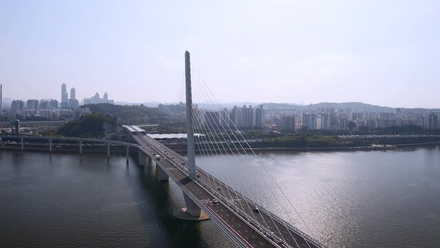 [korea drone footage] han river landscape, Seoul, Korea, world cup large bridge