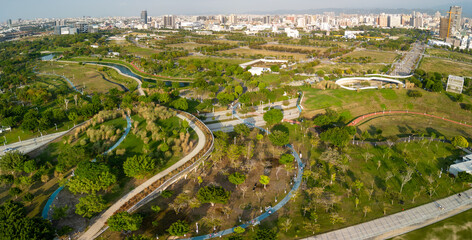Taichung City, Taiwan - November 28, 2022 : Aerial view of Taichung Central Park. Xitun District...