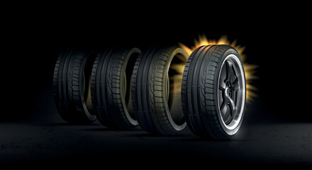 Set of car tires. Black background. 4 car tires on asphalt. Wheel with disc luminous halo.