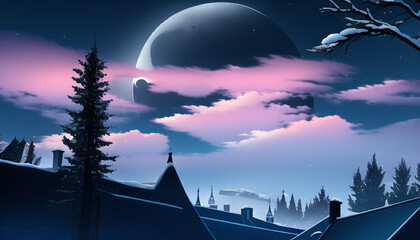 Fototapeta premium Snow Valley. Winter. A fantastic night sky. Amazing landscape. New Year's night.