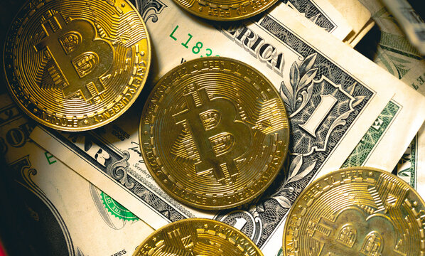 Bitcoin - BTC. Moedas de Bitcoins sobre cédulas de dólares americanos dentro de uma caixa de dinheiro em fotografia macro. Conceitos de criptomoedas, finanças e risco.	