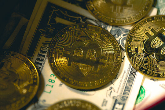Bitcoin - BTC. Moedas de Bitcoins sobre cédulas de dólares americanos dentro de uma caixa de dinheiro em fotografia macro. Conceitos de criptomoedas, finanças e risco.	