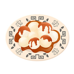 Chinese dessert tangyuan. Rice flour balls in sweet syrup. Asian food. Vector flat drawn illustration for restaurant dishes, menu, poster, flyer, banner, dessert, cooking concept