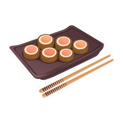 Tasty Sweet rice biscuits on porcelain plate with chopsticks. Asian traditional holiday food. Vector flat drawn illustration for restaurant dishes, menu, poster, banner, dessert, cooking concept