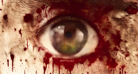 The eye of an evil man looking in camera, covered with red blood. Angry disquieting stare. Closeup detailed shot. Illustration.
